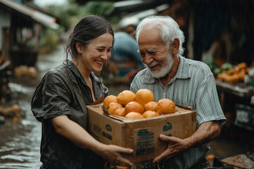A man gracefully hands a box to a woman, A moment of exchange between courier and recipient, Sharing food with others. Volunteers helping people Torrential rains have flooded the village.