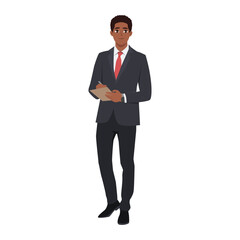 Young businessman holding clipboard. Flat Vector character illustration