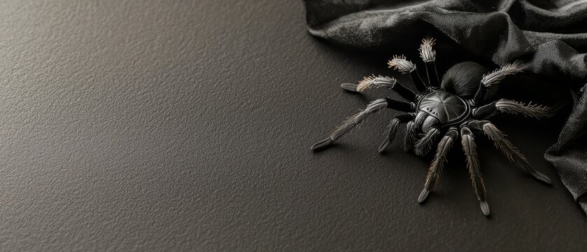 Tarantula in a miniature vampire cape on a spooky tabletop, vampire spider, creepy-crawly Halloween