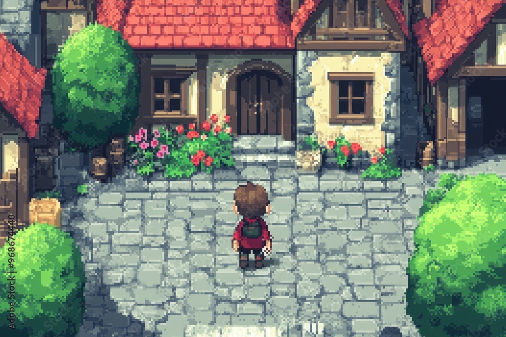 Poster pixelated hero in retro rpg village square - nostalgic 8-bit scene with npcs and simplistic life