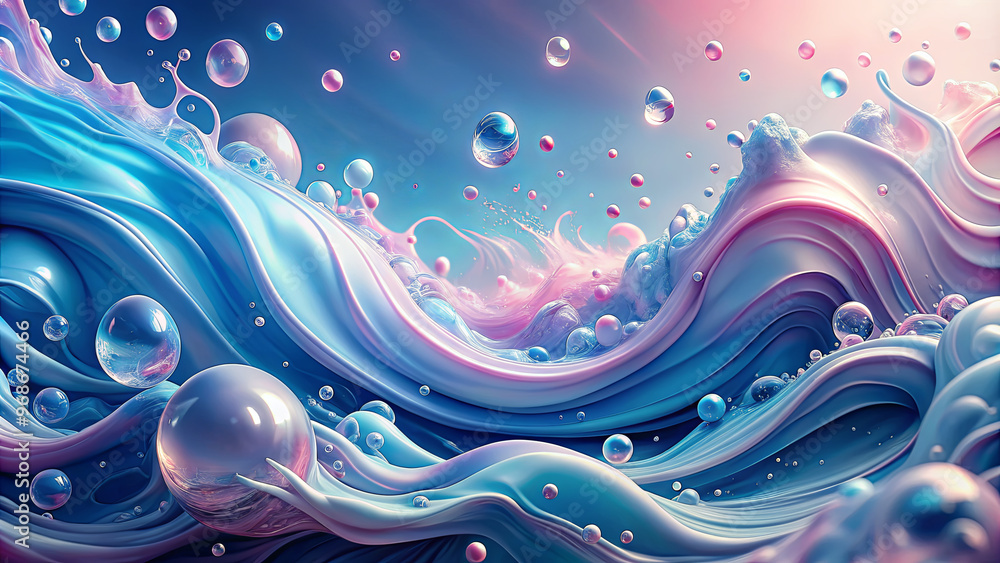 Poster swirling waves of vibrant colors blend seamlessly, with soft bubbles floating above, creating a sere
