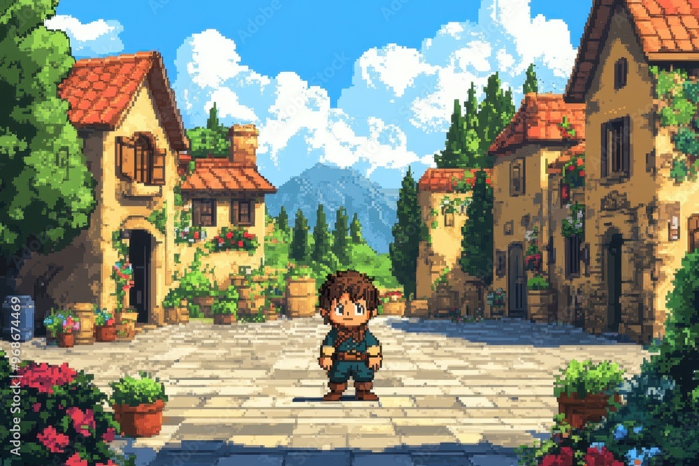 Aufkleber pixelated adventure: 8-bit hero in retro rpg village square with npcs, nostalgic video game scene