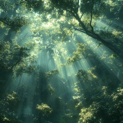 Magical Forest Sunlight Rays Green Trees Nature Background