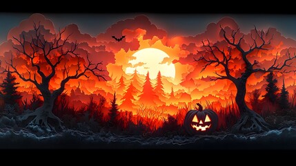 3D hallowween pumpkin Layer multiple pieces of cut paper to add depth. For example, place a spooky tree silhouette in the background and a jack-o'-lantern in the foreground