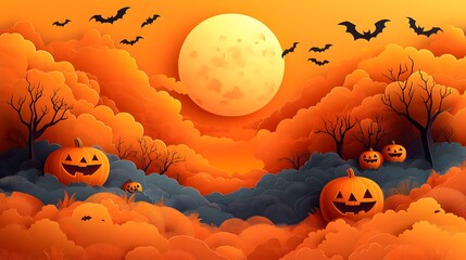3D hallowween pumpkHappy Halloween banner or party invitation background with clouds, bats and pumpkins in paper cut style. Vector illustration. Full moon in orange sky, spiders web