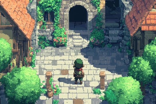 Fototapeta Pixelated Hero in Retro RPG Village Square with NPCs, Gaming Nostalgia and Simplistic Graphics