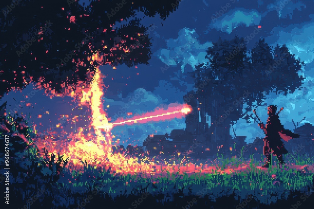 Poster pixelated retro rpg healer using magic on companion in battle scene - 16-bit video game concept art