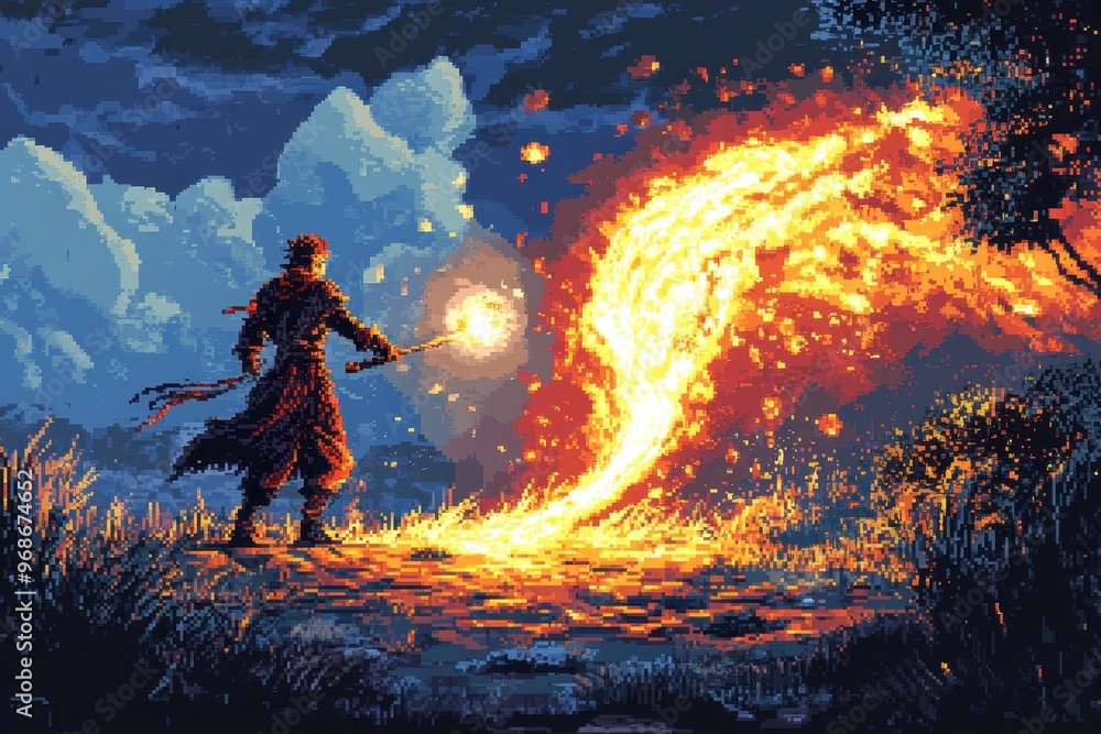 Poster pixelated healer's magic: 16-bit rpg battle scene with retro graphics of wizard casting a spell on t