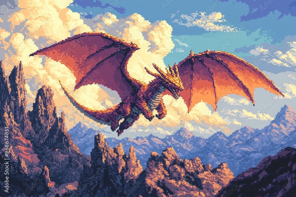 Poster retro pixel dragon flying over pixelated rpg world - nostalgic adventure game scene with 16-bit char