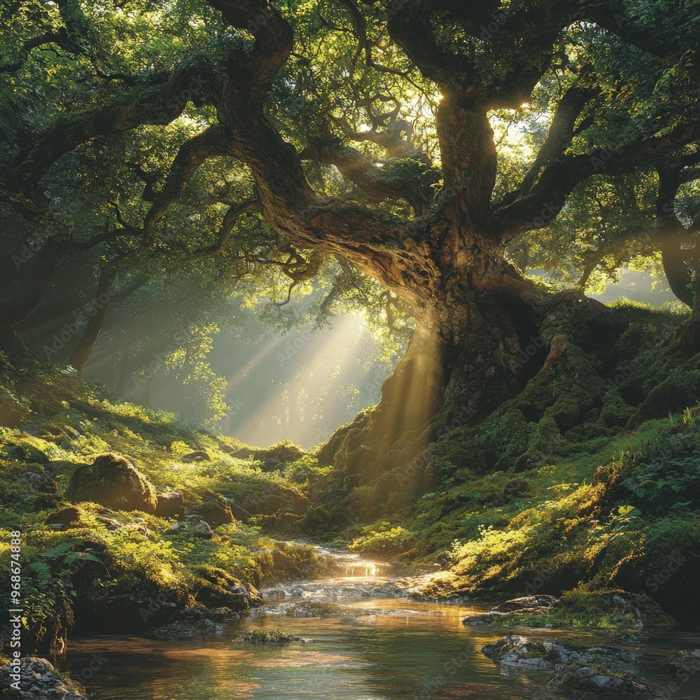 Poster sunlit forest stream with ancient tree canopy