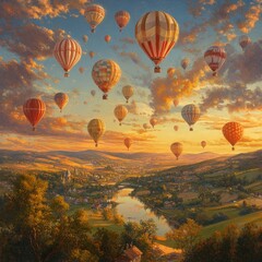 Naklejka premium Hot Air Balloons Sunset Over Countryside Landscape