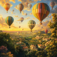 Fototapeta premium Hot Air Balloons Over Idyllic Rural Landscape at Sunset