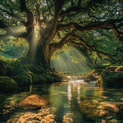 Sunlight Through Tree Canopy Over Stream