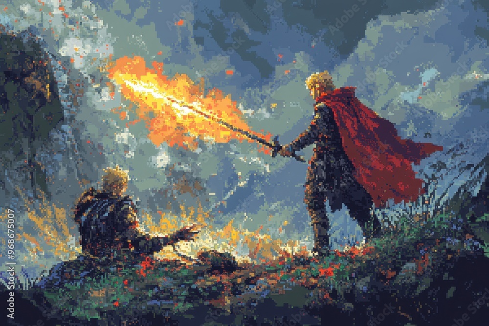 Poster retro pixel healer resurrecting fallen ally with magic spell in 16-bit rpg battle scene