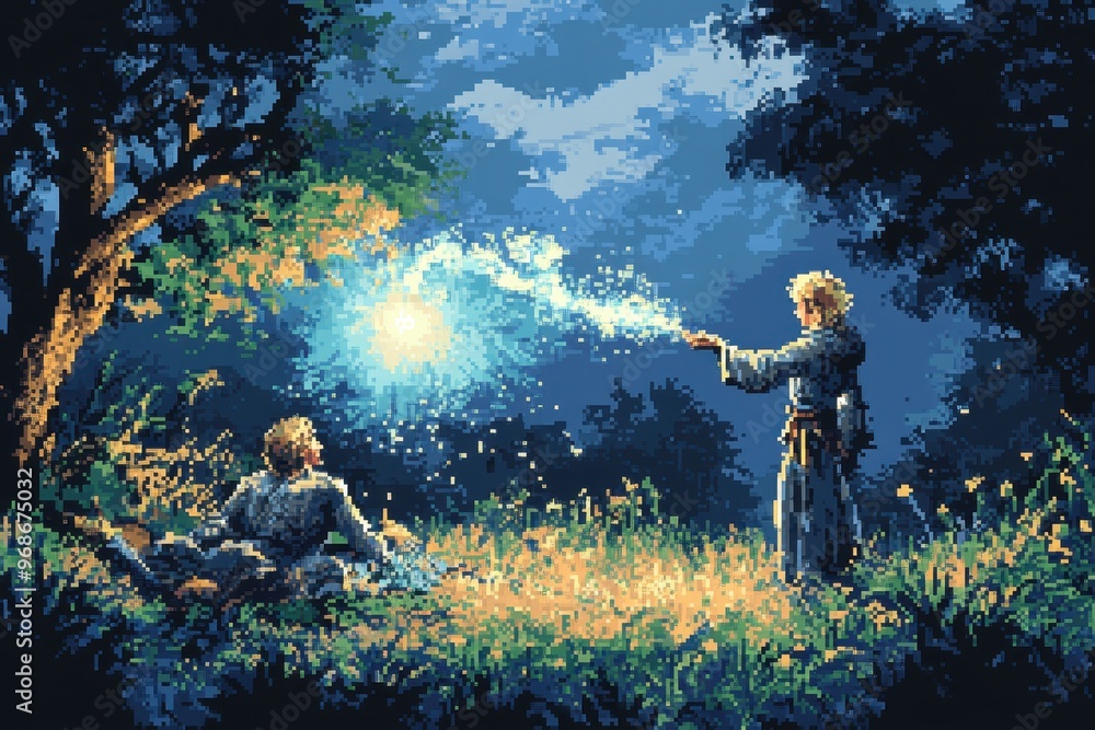 Poster 8-bit pixel healer: resurrecting a comrade in retro rpg battle scene