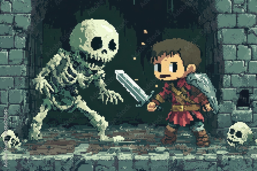Poster retro pixel knight fighting skeletons in dungeon - nostalgic rpg battle scene with 8-bit charm