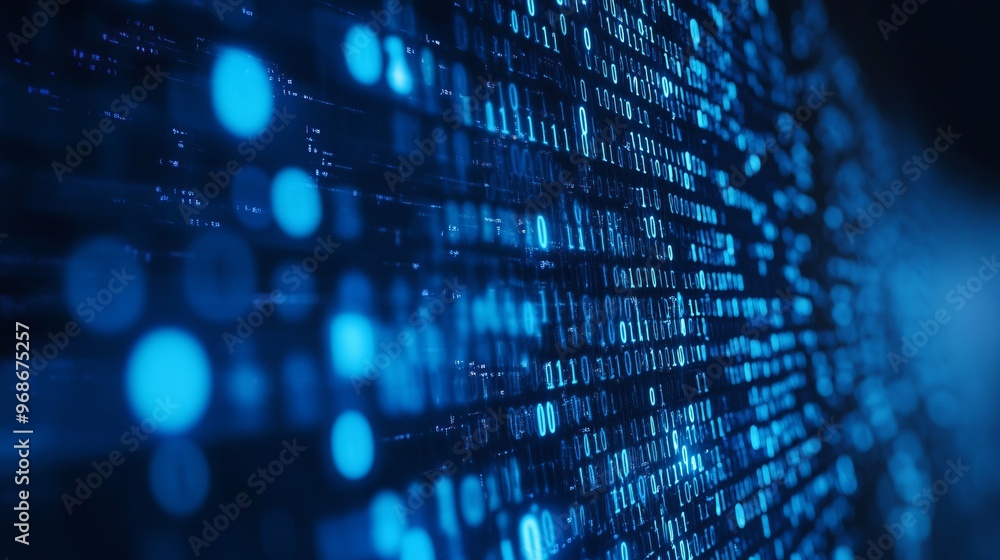 Poster Blue digital binary data on computer screen banner