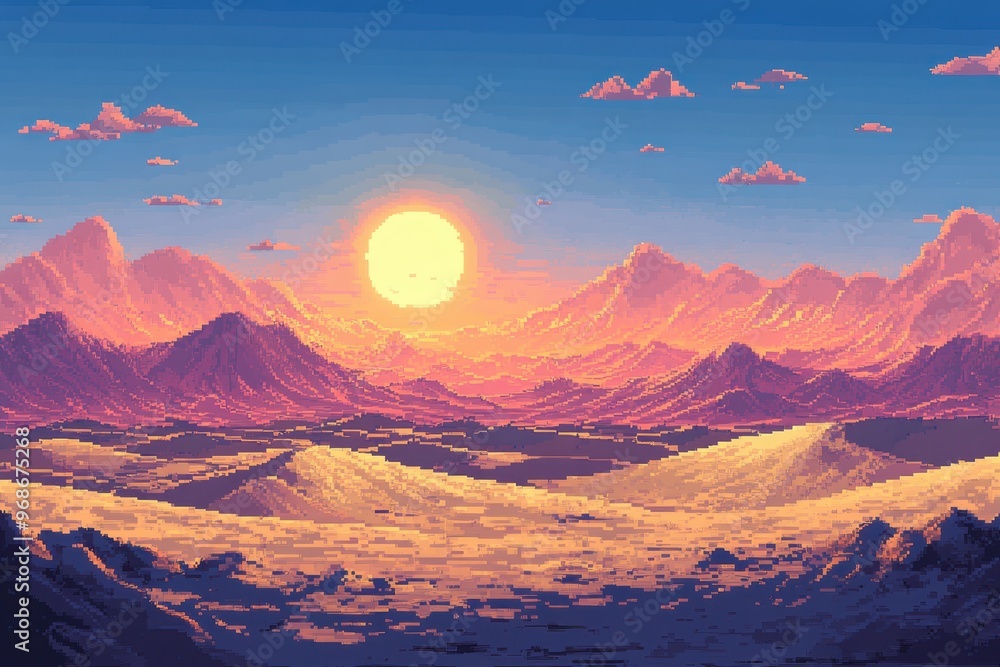 Poster 8-bit pixel desert adventure: retro rpg exploration in simplistic landscape with rolling dunes and b