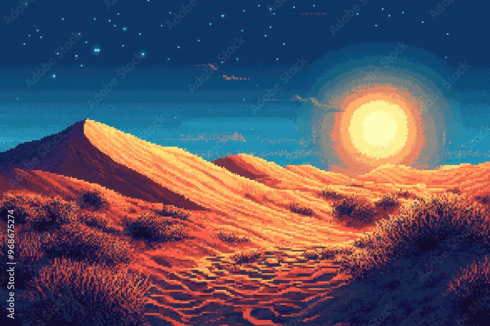 Aufkleber retro 8-bit pixel desert landscape: nostalgic rpg exploration simplicity with rolling dunes and brig