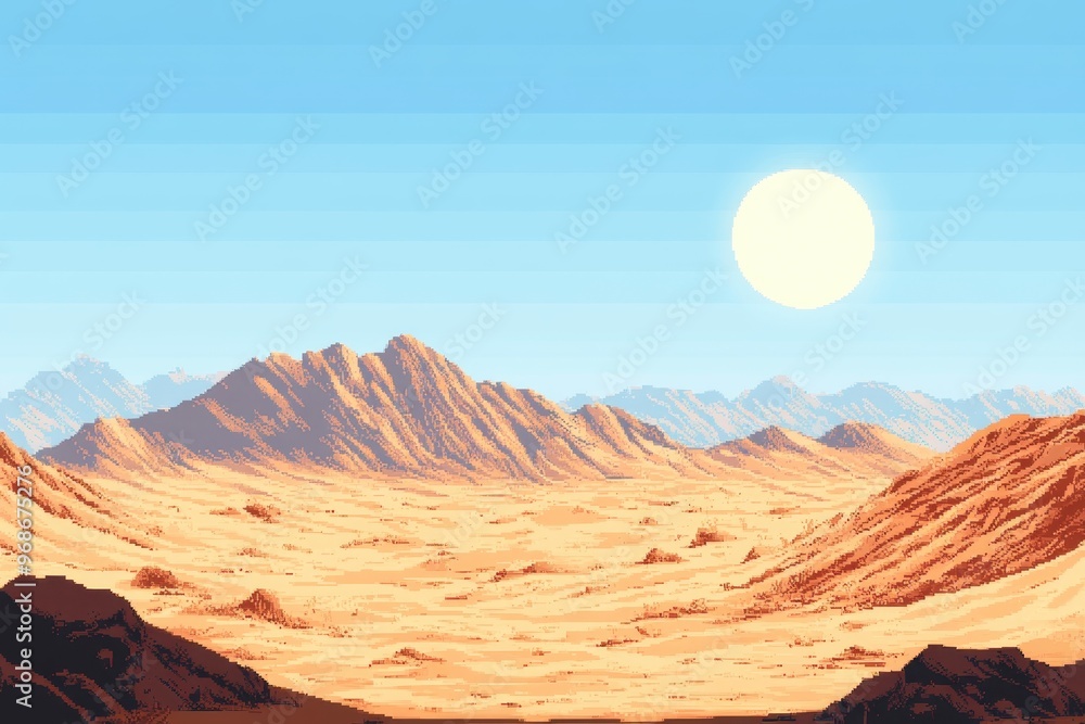 Aufkleber retro 8-bit pixel desert landscape with sun - simplistic rpg exploration background