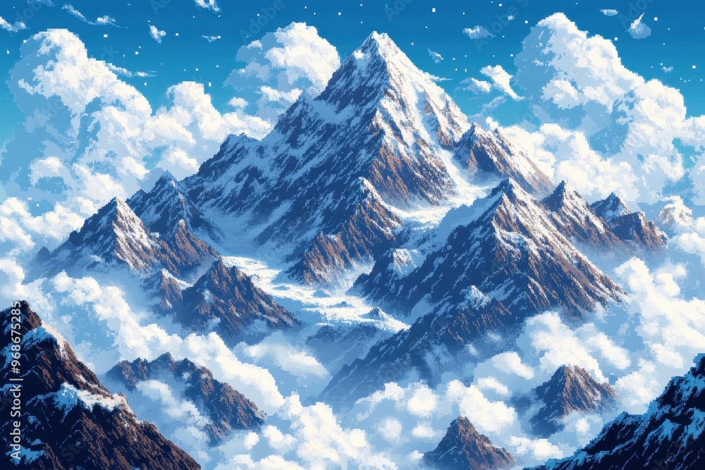 Poster retro pixel art 16-bit snowy mountain range with clouds - rpg adventure background