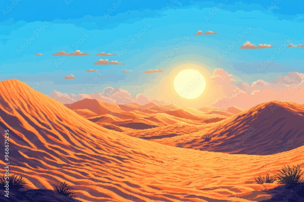 Poster retro 8-bit pixel desert landscape with rolling dunes and bright sun for rpg exploration simplicity