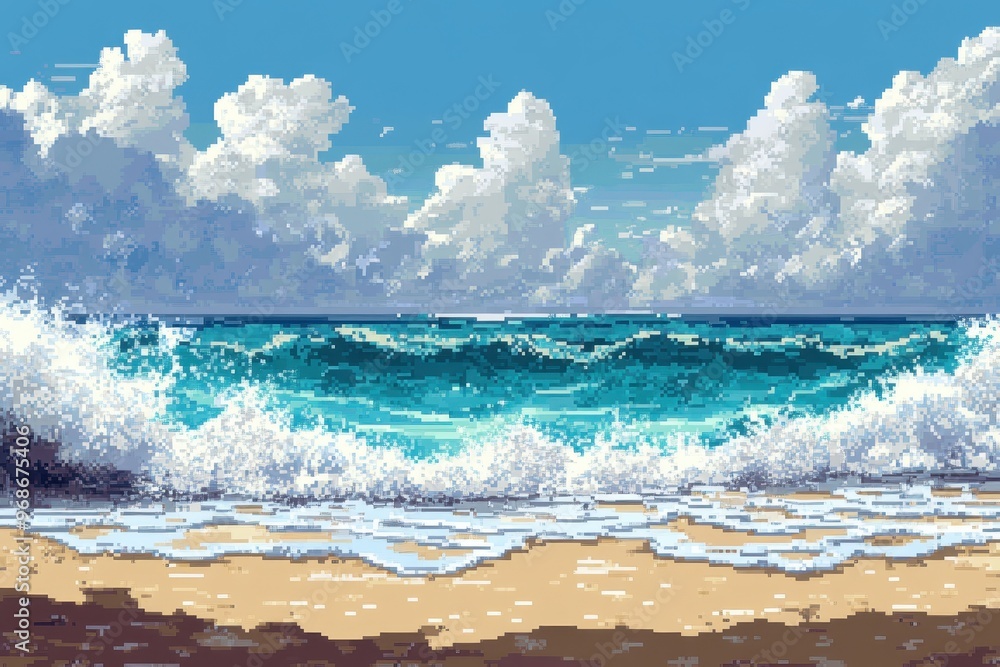 Poster nostalgic 8-bit pixel art beach scene with tranquil ocean waves - retro rpg seaside setting for gami