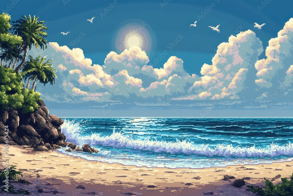 Poster nostalgic 8-bit pixel beach scene with tranquil ocean waves - retro rpg seaside setting