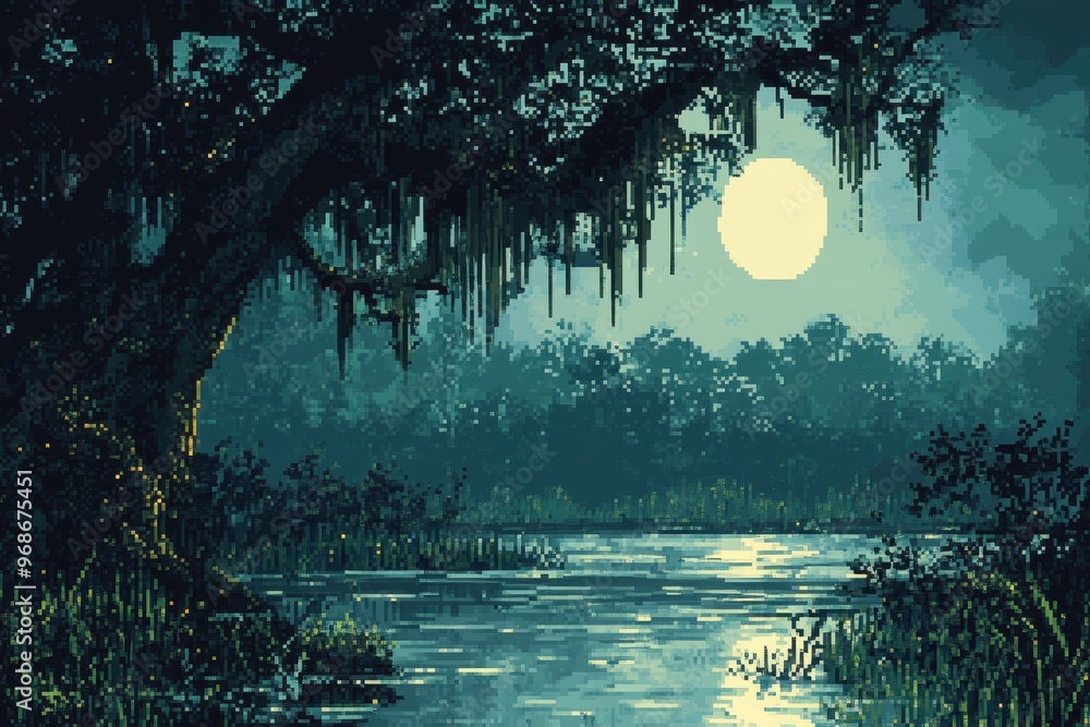 Poster retro 8-bit pixel swamp background for rpg adventure with murky waters and simple trees