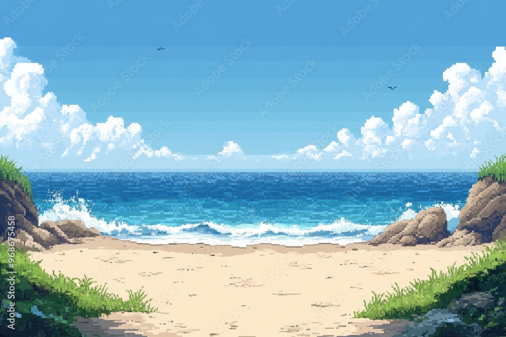 Poster pixelated seaside serenity - retro 8-bit beach background with tranquil ocean waves in rpg style