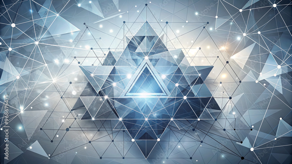Poster a captivating abstract composition features interconnected triangles and luminous points, creating a