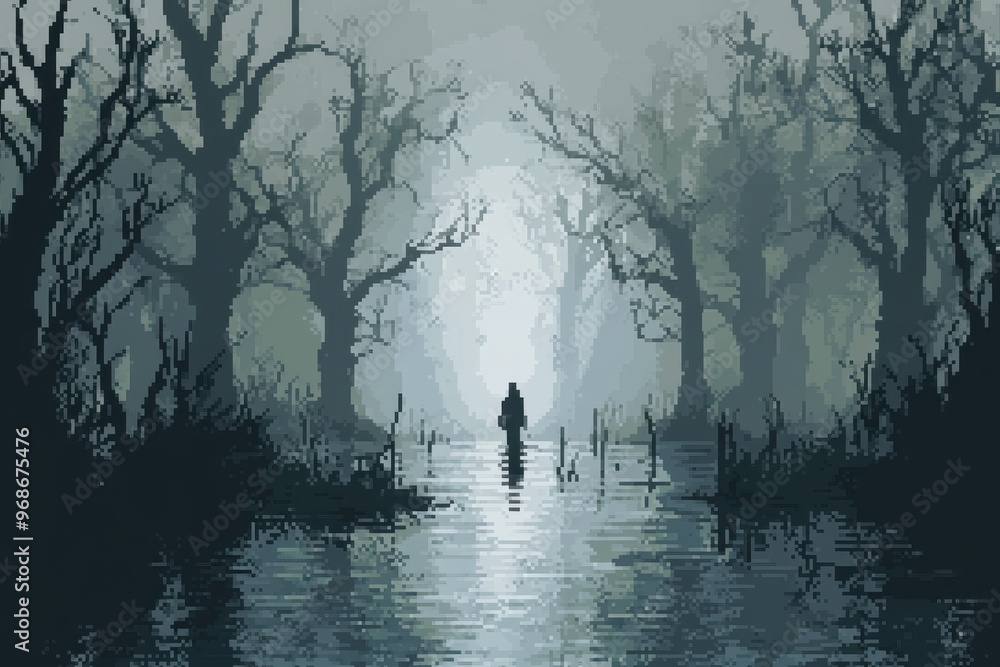 Poster pixelated swamp exploration - retro rpg adventure setting with murky waters and simple trees