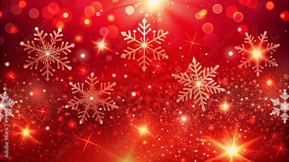Poster a vibrant red background features delicate snowflakes and twinkling lights, creating a festive atmos