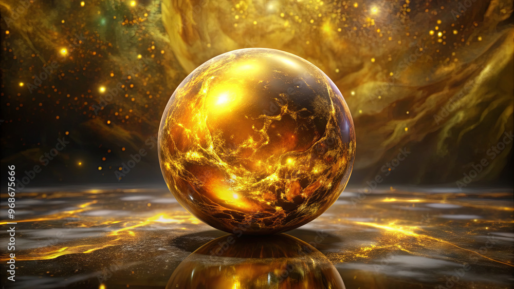 Poster a luminous golden sphere stands out against a vibrant cosmic background filled with swirling colors 