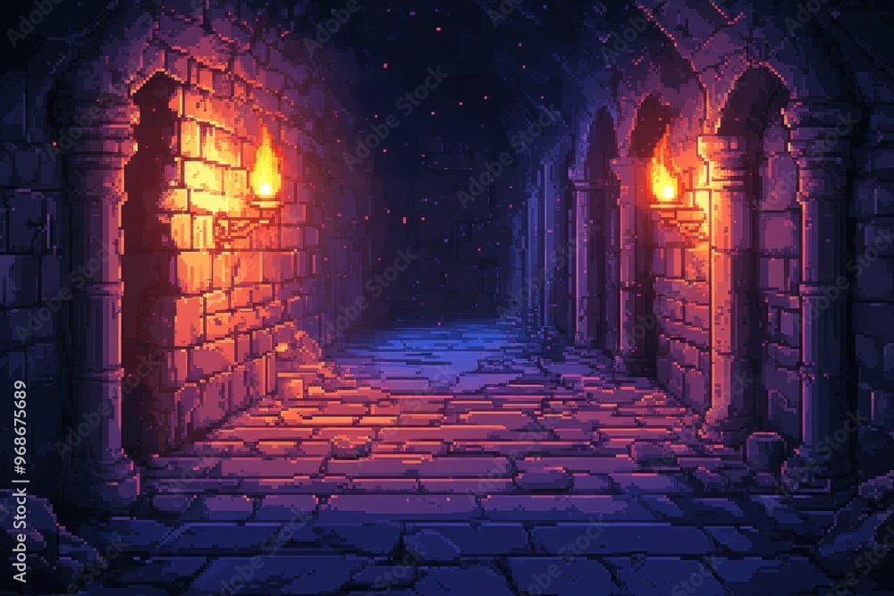 Aufkleber pixelated retro dungeon delve: 8-bit rpg underground adventure background with brick walls and torch