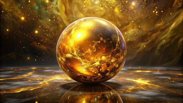 A luminous golden sphere stands out against a vibrant cosmic background filled with swirling colors and starry patterns, creating an otherworldly atmosphere