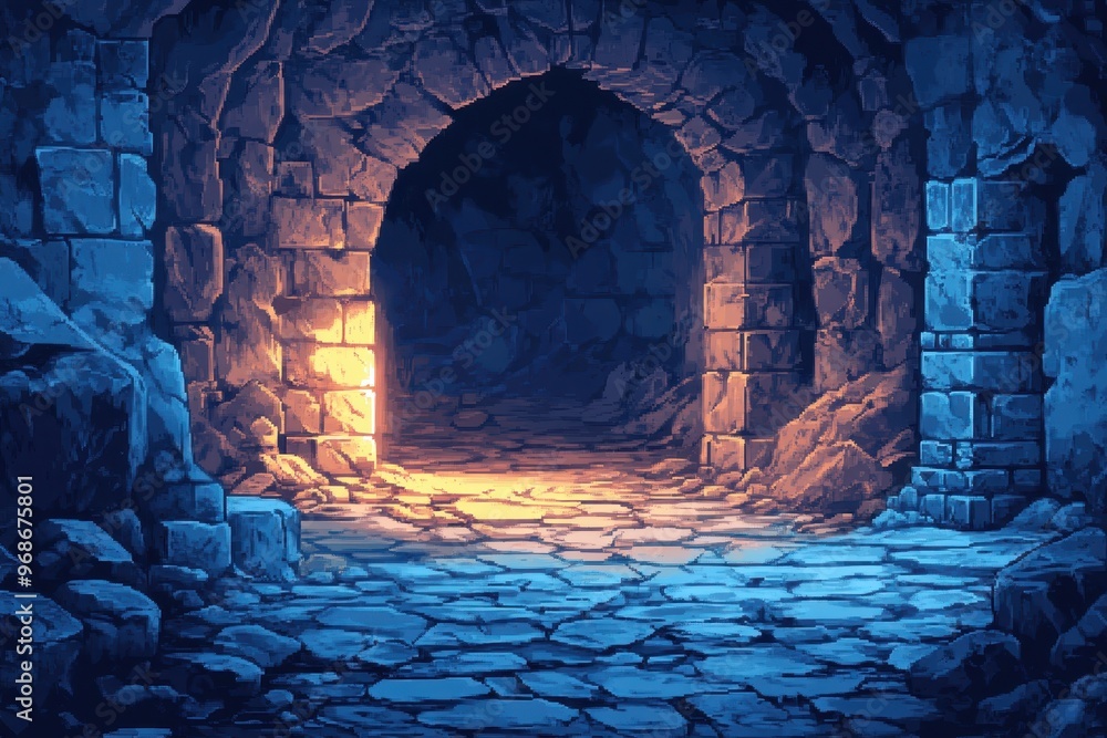 Poster pixelated 8-bit underground cave - retro rpg dungeon crawl backdrop with simple rock textures