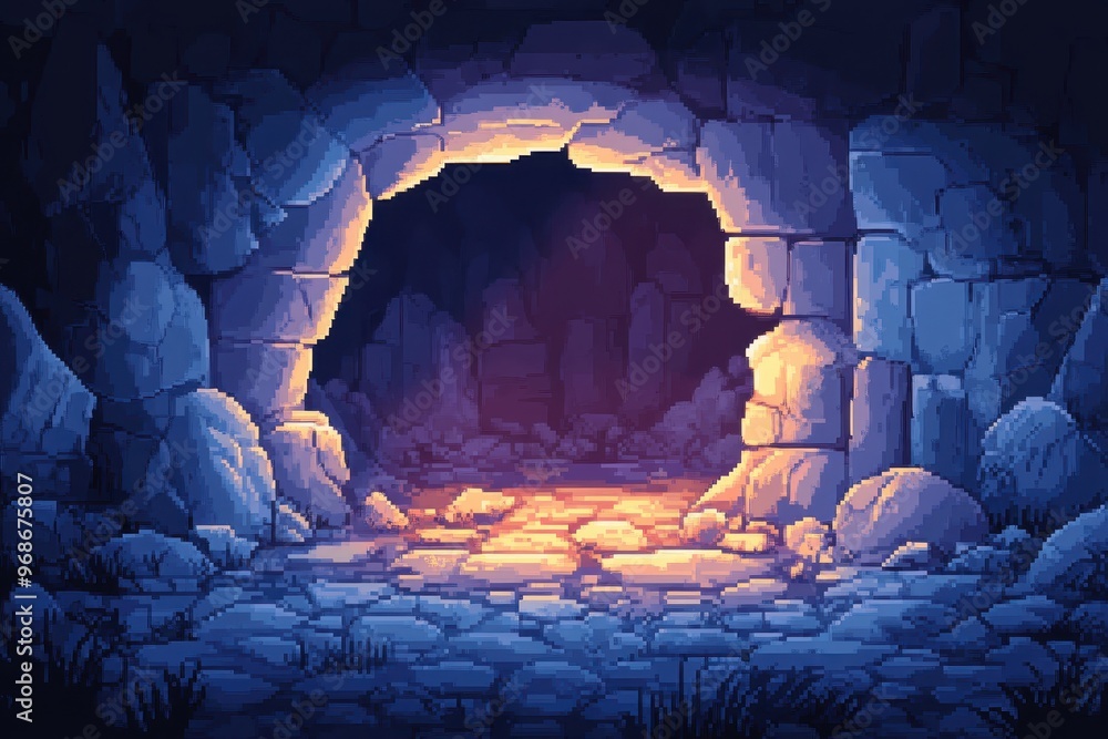Poster retro 8-bit pixelated underground cave with simple rock textures - retro rpg dungeon crawl backdrop