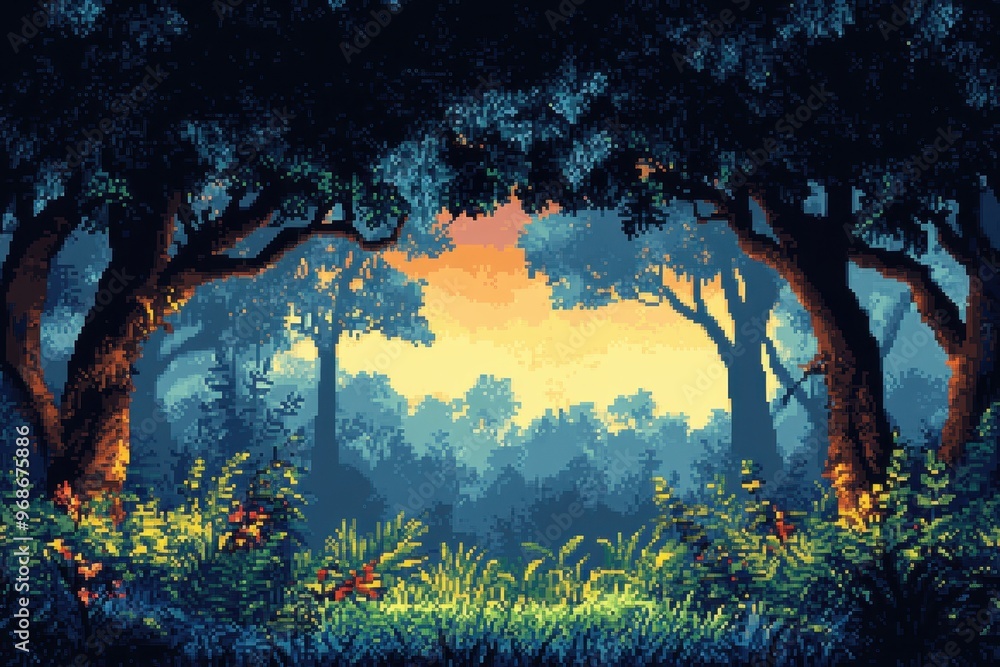 Poster retro 8-bit pixel jungle landscape with dense trees and vines, wilderness background for rpg games