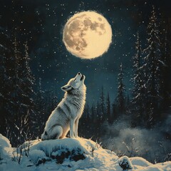 Lone Wolf Howling at the Full Moon in a Snowy Forest