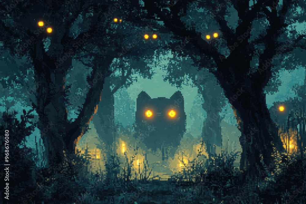Poster mysterious 8-bit pixel forest with glowing eyes - retro rpg spooky background
