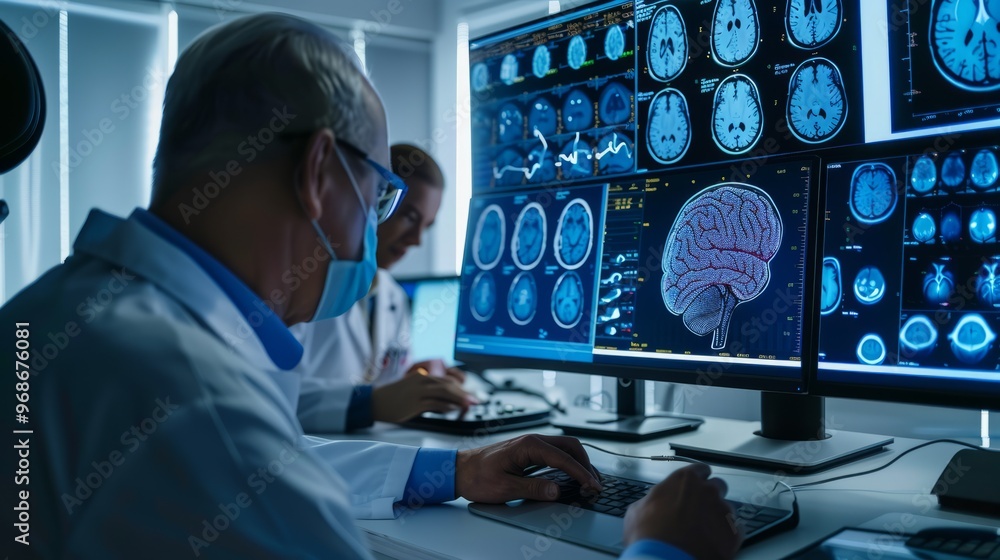 Leinwandbilder a doctor is looking at a computer monitor with several images of brains on it