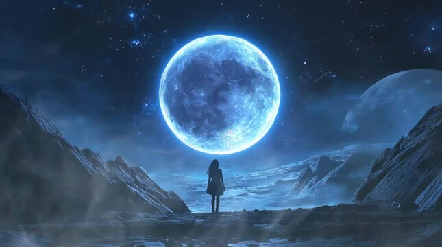 Young girl gazing up at a full moon in a fantastical landscape, surrounded by magical elements and ethereal scenery
  Seamless looping 4k time-lapse virtual video animation Generated AI