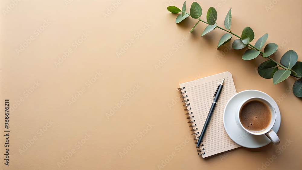 Poster This cozy workspace features a cup of coffee beside a spiral-bound notebook and a pen on a warm-toned surface, complemented by a sprig of greenery, creating an inviting atmosphere