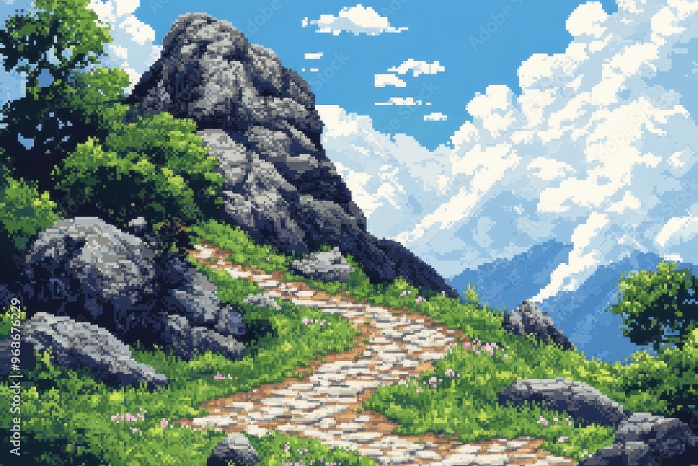 Poster retro pixel 16-bit mountain pass: rpg adventure trail background with winding paths
