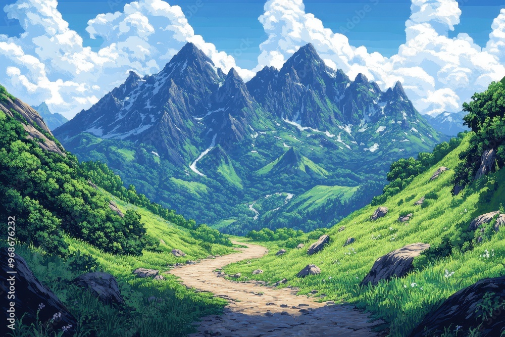 Poster pixel 16-bit mountain pass - rpg adventure trail background with winding paths