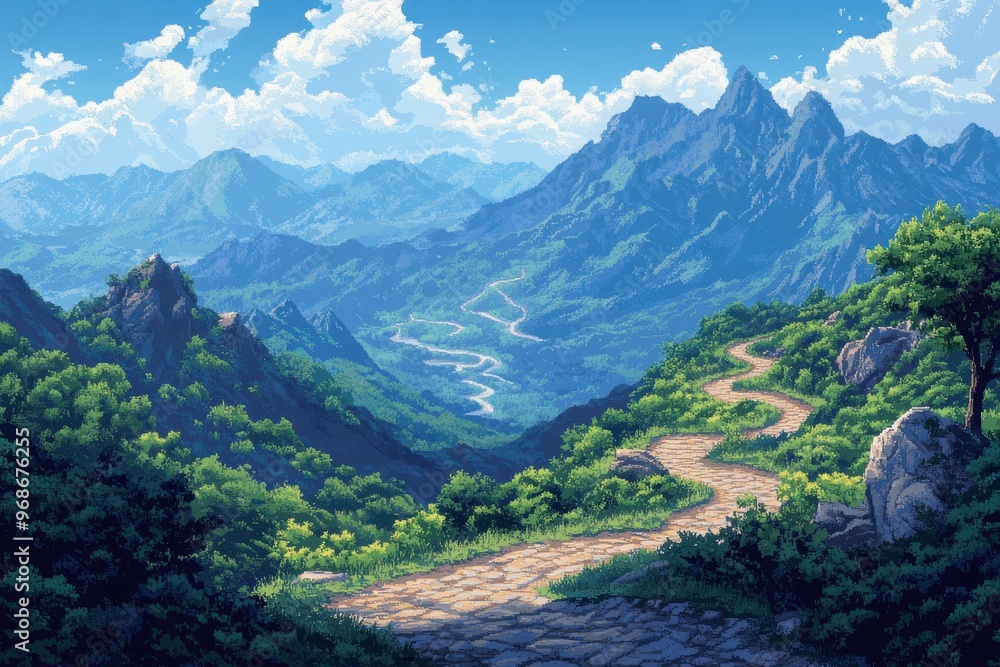 Poster retro 16-bit mountain pass - pixel art rpg adventure background with winding paths