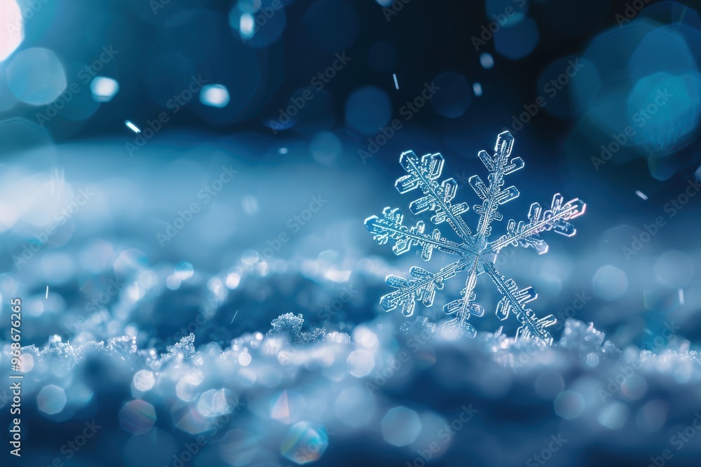 Poster a beautiful snowflake rests on a bed of soft snow, showcasing delicate patterns and a serene winter 