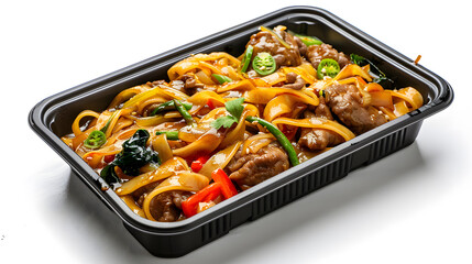 Black plastic rectangular container of Thai food isolated white background