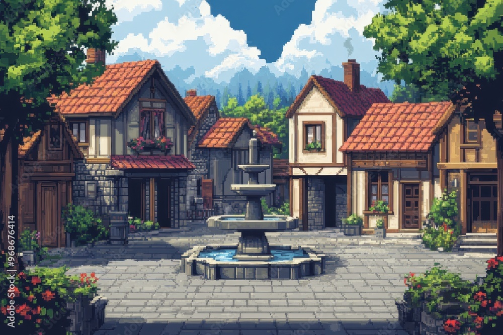 Aufkleber retro rpg town square with 8-bit pixel art - quaint fountain and simple houses in nostalgic backgrou